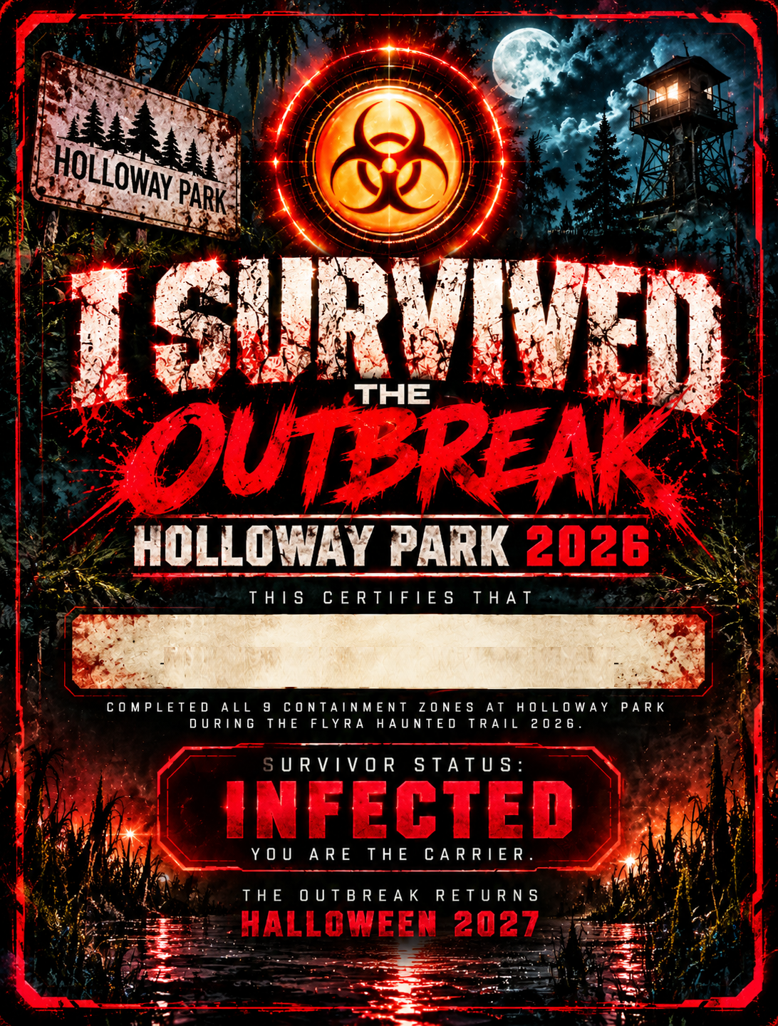 I Survived The Outbreak, Holloway Park 2026, nine containment zones, infected carrier certificate